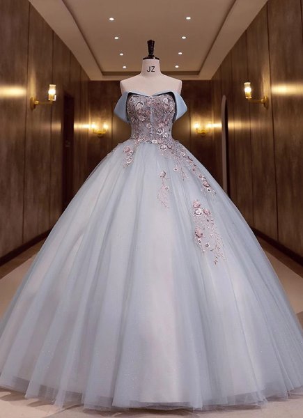 Light Blue Off The Shoulder Embroidery Tulle Party Dress