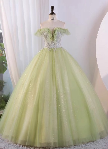 Light Green Off Shoulder Floor-Length Tulle Prom Dress