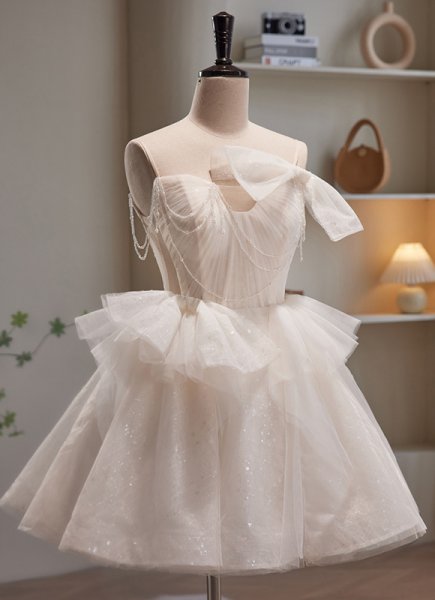 White Sexy Sparkly Tulle Bow Mini Party Dress With Beading