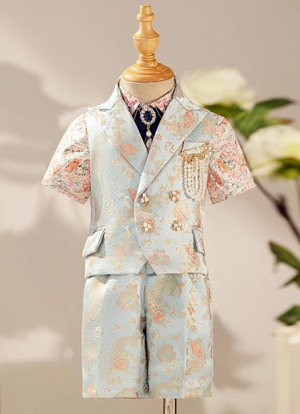 Kids 5 Piece Jacquard Brocade Formal Tuexdo Boys Formal Set Wedding Ring Bearer Outfit