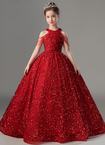 Girls Red Halter Neck Sequin Bead Wedding Christmas Dresses