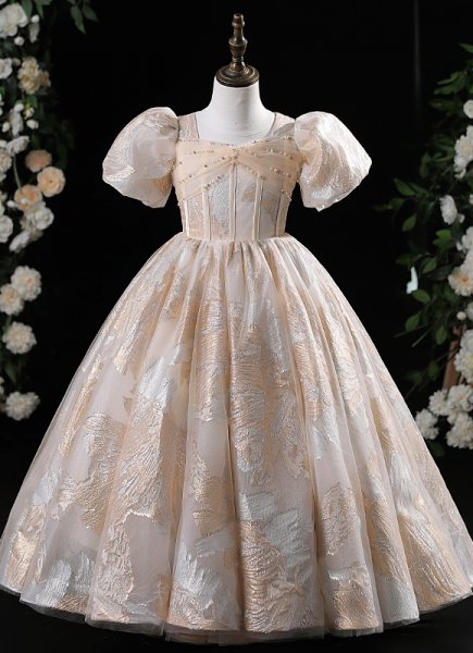 Vintage Champagne Lantern Sleeve Jacquard Dress Banquet Flower Girl Dresses