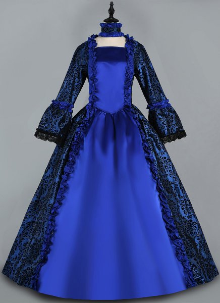 18th Century Renaissance Women Blue Floral Brocade Victorian Dress 1800 Themed Events Tea Party Gown