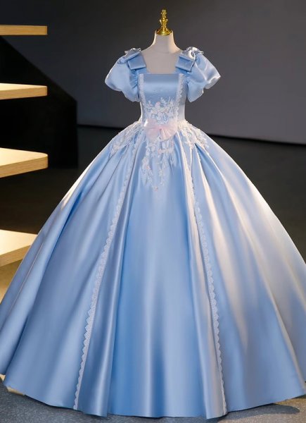 Vintage Sky Blue Satin Puff Ball Sleeves Masquerade Formal Dresses