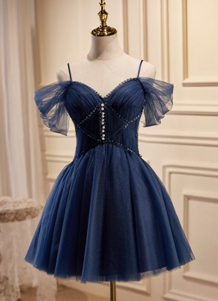 Deep Blue Pearl Button Tulle Mini Formal Cocktail Dress