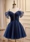 Deep Blue Pearl Button Tulle Mini Formal Cocktail Dress