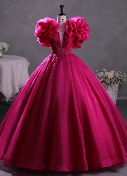 Hot Sale Rose Red Gorgeous Appliques Tulle Prom Dress With Flower