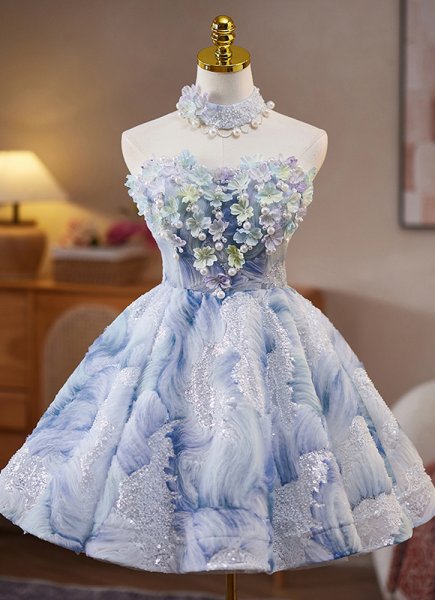 Custom-made Blue Off the Shoulder Appliques Mini Ball Gown Cocktail Dress