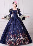 Brand New Vintage Dark Blue Lace Printed Marie Antoinette Dress Civil War Southern Belle Gown Women Reenactment Clothing
