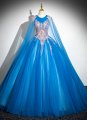 Gorgeous Blue Tulle Cloak Sequin O-Neck Prom Dress