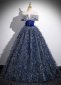 Feather Off the Shoulder Corset Dark Blue Formal Dress