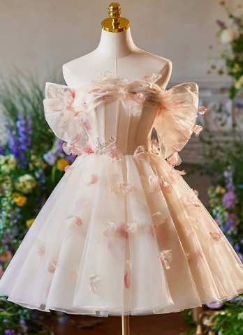 Girls Pink Off-the-Shoulder Applique Graduation Dress