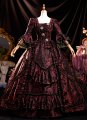 Culturedly Retro Burgundy Floral Jacquard Prom Dresses Marie Antoinette Ball Gown Renaissance Square Neckline 3/4 Sleeve Floor Length Long Formal Dress