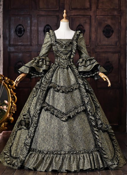 Vintage Gold Brocade Baroque Rococo Victorian Dress Square Neckline Long Puff Sleeves Floor Length Masquerade Costume