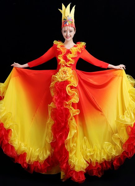 Holiday Carnival Women Flame Ball Gown Stage Performances Costume
