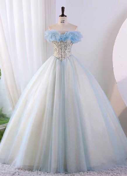 Light Blue Off the Shoulder Shiny Formal Dress