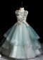 Blue Kids Princess Embroidery Applique Flower Girls Party Dress