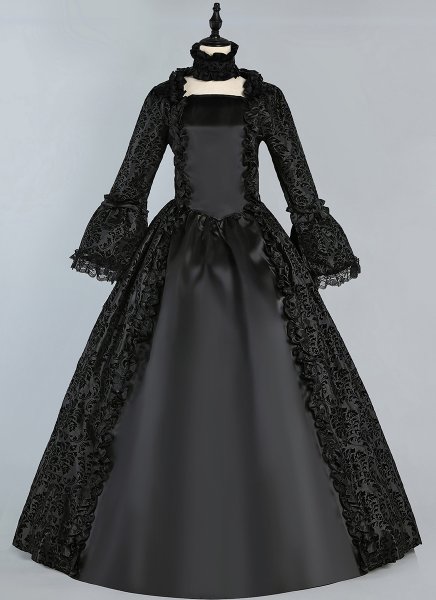 Renaissance Black Floral Brocade Victorian Gothic Vampire Dress Masquerade Ball Halloween Costume