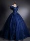 Dark Blue Embroidery Sequins Off Shoulder Tulle Long Formal Dress