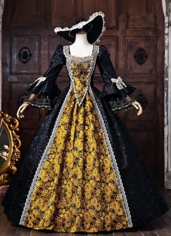 Vintage Black Brocade Gold Floral Jacquard Victorian Ball Gown Lace Long Sleeves Floor Length Masquerade Party Dress 
