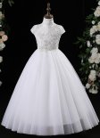 White High Neck Girls Tulle Beauty Contest Party Dresses