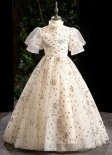 Children Girls Puff Sleeve Glitter Tulle Stage Show Graduation Dress