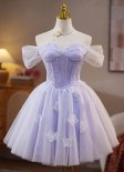 Purple Off the Shoulder Corset Appliques Mini Cocktail Club Dress