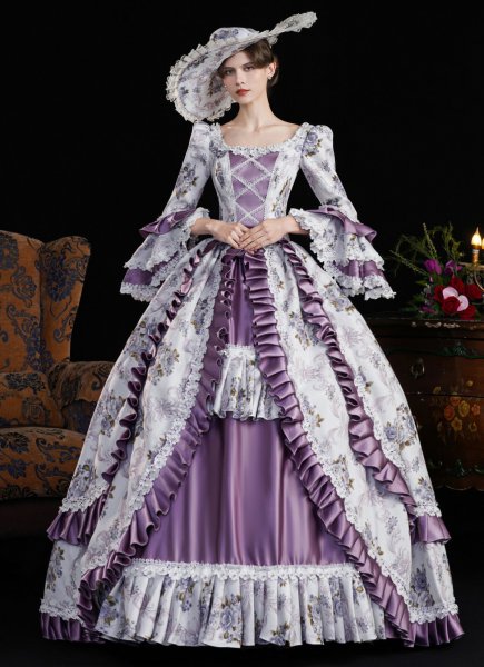 Purple Floral Printed Lace Ruffled Long Sleeve Holiday Carnival Fantasy Dress Women Stage Theater Costume