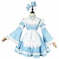 Blue Long Flare Sleeves Alice Fairyland Lolita Dress Women Maid Cosplay Uniform Costume