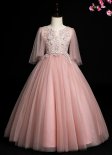 Flower Girl Embroidery Applique Pink Flutter Sleeve Tulle Dresses