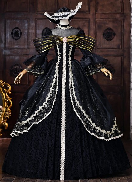 Black Brocade Hollow-out Lace O-Neck Long Sleeves Floor Length Masquerade Ball Dress