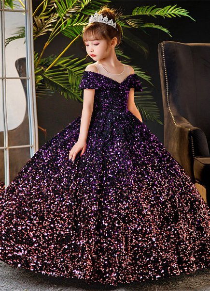 Girls Off Shoulder Neck Glitter Princess Party Birthday Ball Gown