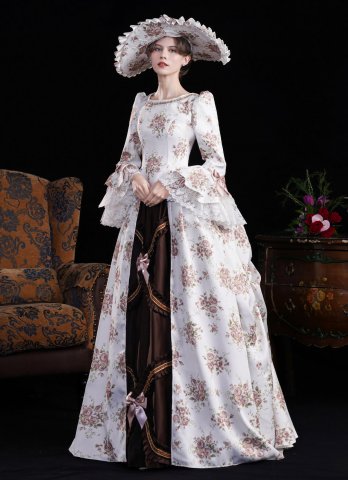 Pink Flower Printed Edwardian Holiday Festive Gown 1890s 1900s 2PC Downton Abbey Dress Historical Costume