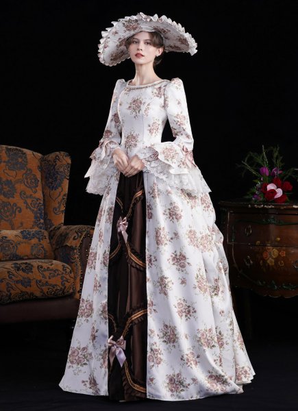 Pink Flower Printed Edwardian Holiday Festive Gown 1890s 1900s 2PC Downton Abbey Dress Historical Costume