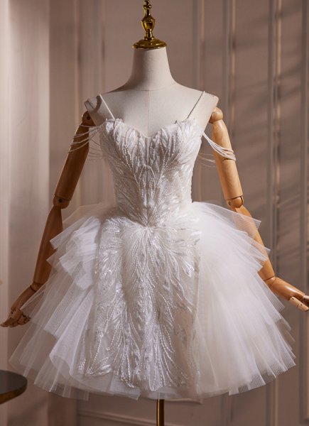 White Spaghetti Straps Sexy Sparkly Beading Tulle Mini Cocktail Dress