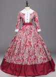Victorian Renaissance Red Floral Print Cival War Southern Belle Dress Ball Gown Princess Reenactment Halloween Costume