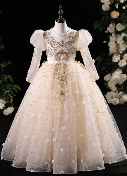 Children Long Sleeve Applique Sequin Tulle Prom Homecoming Dress