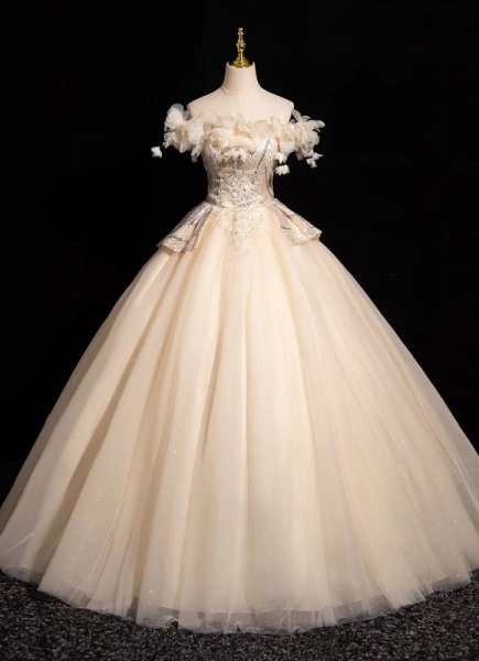 Custom-made Champagne Tulle Petal Off the Shoulder Formal Dress