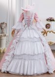 Vintage Pink Brocade 18th Century Rococo Marie Antoinette Dress Lace Ruffles Corset Floor Length Historical Masquerade Gown