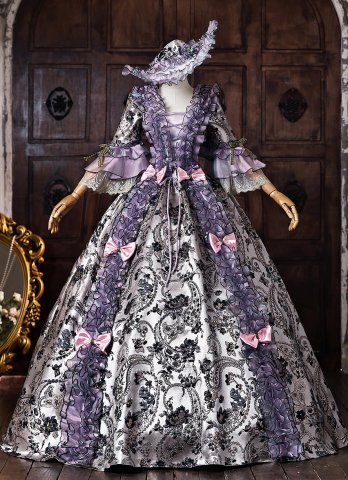 Purple Floral Brocade 18th Century Rococo Tea Party Ball Gown Lace-Up Corset Floor Length Masquerade Dress