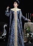Renaissance Medieval Deep Blue Floral Jacquard Robe Reenactment Theater Drama Dress