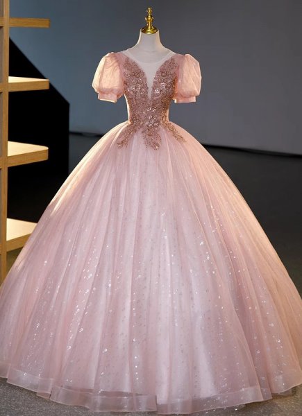 Girls Sweet Pink Short Sleeve Sequin Formal Dresses