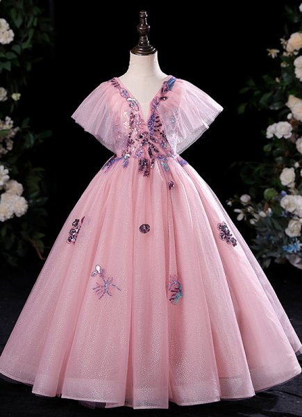 Girls Pink Sequins Ruffle Shoulder V-Neck Party Formal Dresses