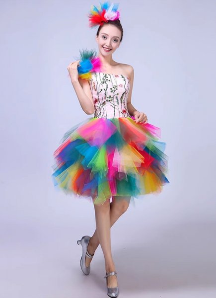 Girls Stage Party Colorful Tutu Dress Off Shoulder Samba Short Dresses
