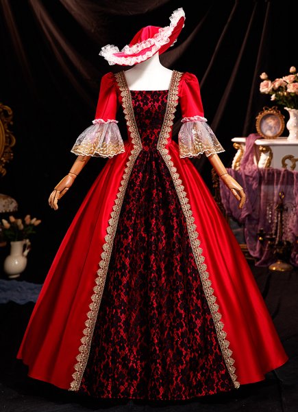 Renaissance Retro Wine Red Halloween Ball Gown Prom Dresses Half Sleeves Square Neckline Lace Floor Length Masked Formal Dress