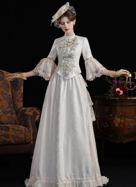 Women Champagne Jacquard 1890s 1900s Edwardian Dress Vintage Downton Abbey Gown Theater Clothing