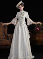 Women Champagne Jacquard 1890s 1900s Edwardian Dress Vintage Downton Abbey Gown Theater Clothing