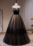 Custom-Made Simple Black Spaghetti Straps Lace A Line Tulle Long Prom Dresses