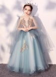 Girls Princess V-Neck Sequin Blue Mesh Birthday Party Dress