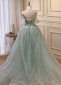 Off the Shoulder Sleeveless Court Train Sequins Light Green Formal Dress 2